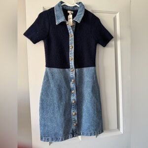 Anthropologie Navy Knit and Light Blue Denim Button-Front Mini Dress